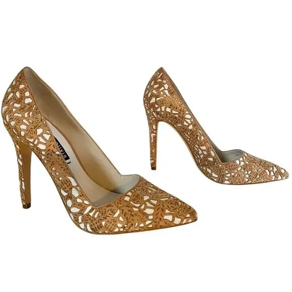 Alice + Olivia Dina Three Laser Cut Cork Pointed Toe Stiletto Pumps EU 40 Italy - Picture 3 of 10